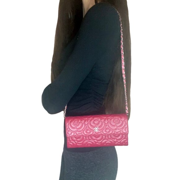 CHANEL CC Camellia Lambskin Quilted Flap Bag Wallet Chain Pink Purse - Picture 2 of 16